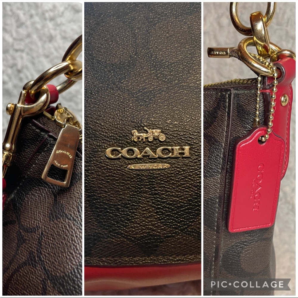 Coach Signature Cavas Elle Hobo Bag and Wallet Set in Brown w Red Leather Trim - Picture 4 of 17